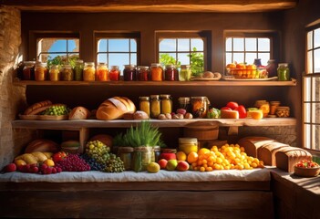 Obraz premium vibrant shelves filled colorful assorted food items contributions bright display, groceries, pantry, fruits, vegetables, snacks, cans, jars, packaging
