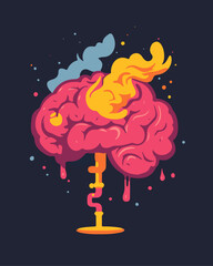 Brain inflammation. Mental health problems. Stressed brain in fire. Medical vector illustration