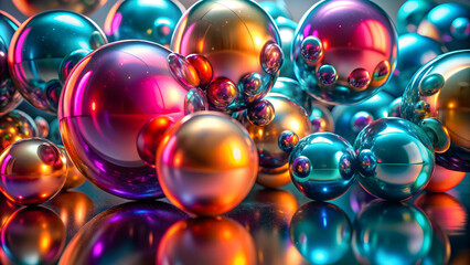 Abstract Sphere Symphony: A mesmerizing collection of iridescent spheres in vibrant hues of blue, pink, and gold, arranged in a captivating composition that evokes a sense of abstract art and playful 