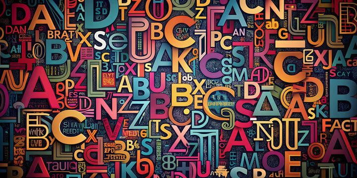 A Kaleidoscope of Language: Bold, colorful letters dance across a dark background, forming an abstract and vibrant tapestry of communication and typography. 