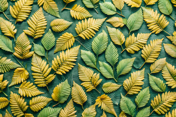 Obraz premium Autumnal Tapestry: A symphony of green and gold leaves arranged in a captivating flat lay, evoking the warmth and beauty of fall. 