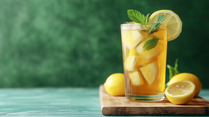 Fototapeta premium Refreshing lemonade with mint and ice served in a glass on a green background. Generative AI.
