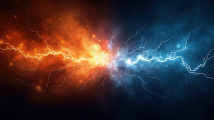 Electrifying Fire and Ice: Dramatic Lightning Clash of Orange and Blue Energy - Abstract Storm Background for Power, Conflict, and Elemental Force Concepts