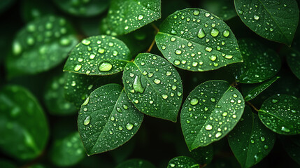 Fototapeta premium Close-up of green leaves with water droplets. nature background