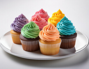 Colorful cupcakes on a white background, close-up.