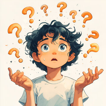 A young boy with curly hair, wide-eyed and confused, surrounded by floating question marks. Expressive illustration depicting curiosity and wonder.