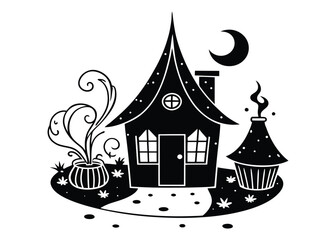 Black Silhouette of Haunted House with Bat and Bare Tree Vector Illustration