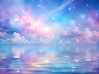 Obraz premium Celestial Dreamscape: Pastel clouds dance with distant planets over a tranquil, reflective sea, capturing the ethereal beauty of a fantastical world.