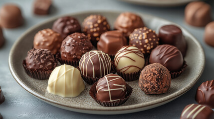 close up of grey plate of various milk and dark truffle chocolates
