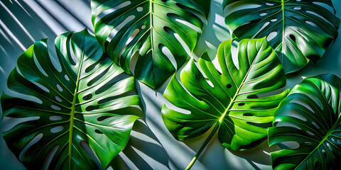 Obraz premium Tropical Leaf Patterns: A captivating close-up of lush, green Monstera leaves, bathed in soft, dappled sunlight, showcasing the intricate veins and textures of nature's artistry. 
