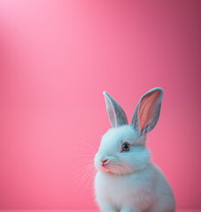 Fototapeta premium Cute, cream-colored baby bunny isolated on a pink background with copy space.