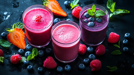 Refreshing fruit smoothie with mint and ice served in a glass on a dark background. Generative AI.