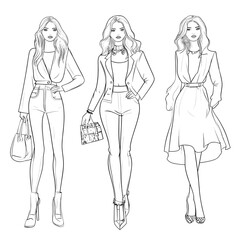 Female clothes collection. Fashion models posing. Vector line fashion illustration of beautiful young women, isolated on a white background. Fashion coloring page. Hand drawn fashion sketches.