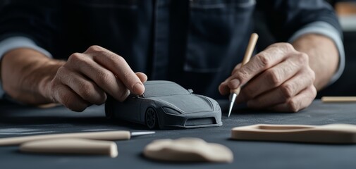 Fototapeta premium Close-up of an automotive designer sculpting a car model from clay, fine-tuning the details with precision tools