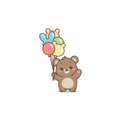 Cute bear holding balloons and waving paw cartoon, vector illustration
