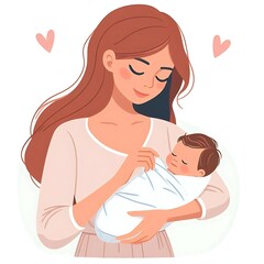 Mother holding newborn baby, flat style illustration, white background, isolated, pastel colors 