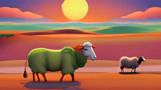 A cucumber and a sheep riding across a beautiful desert with deep reds and oranges, at sunset