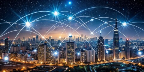 Obraz premium Cityscape at Night with Network Connections, Skyscrapers, Stars, Night, City, Network, Connection
