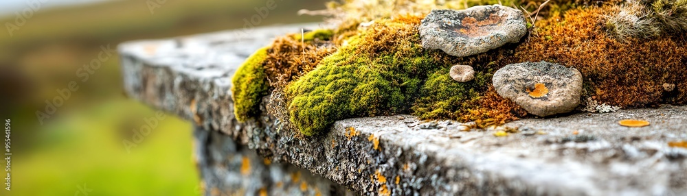 Wall mural A close-up view of moss and lichen growing on a stone surface, showcasing nature's beauty and resilience in a tranquil setting.