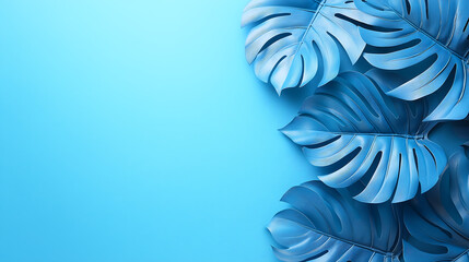 Monstera leaves in shades of blue on a minimalist blue background, 3D rendering wallpaper