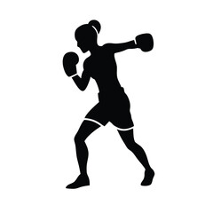 Female boxing player pose vector silhouette, isolated white background