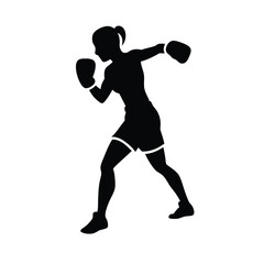 Female boxing player pose vector silhouette, isolated white background
