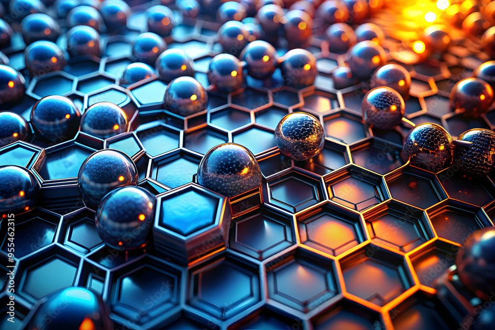 Poster abstract digital landscape: a mesmerizing digital landscape of interconnected spheres and hexagonal 