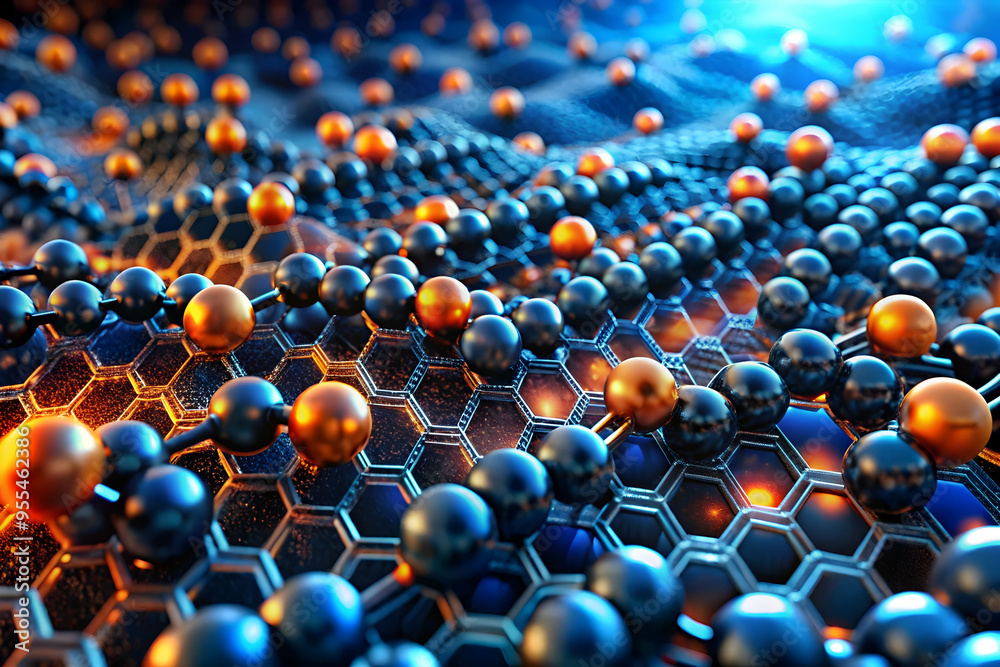 Poster abstract digital landscape: a mesmerizing digital landscape of interconnected spheres and hexagonal 