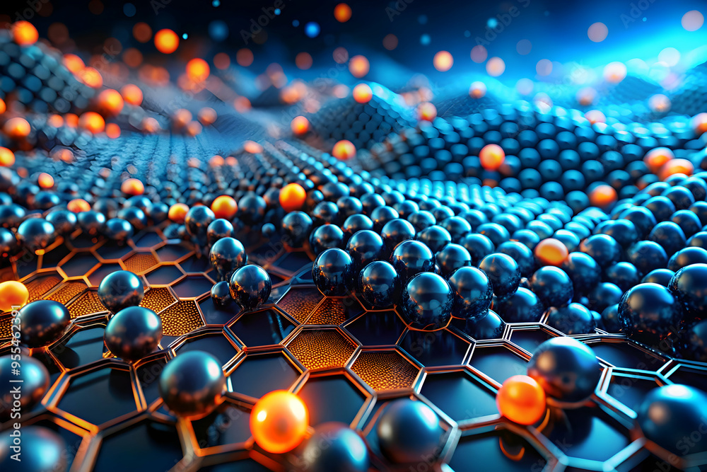 Poster abstract digital landscape: a mesmerizing digital landscape of interconnected spheres and hexagonal 