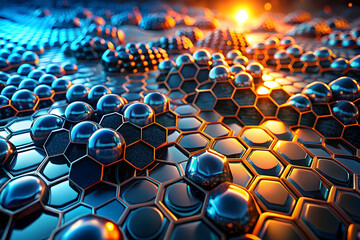 Abstract Hexagon Sphere Landscape: A captivating 3D rendering showcases a mesmerizing landscape of interconnected hexagonal structures adorned with reflective spheres. 