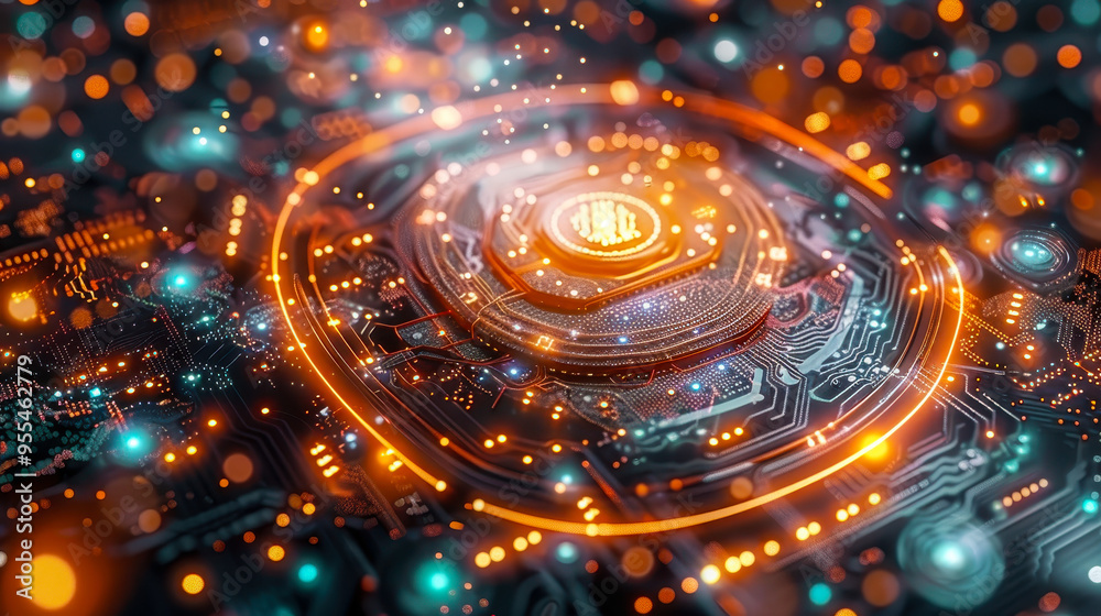 Poster futuristic quantum computer qubit processor with glowing circuits, intelligent computing technology,