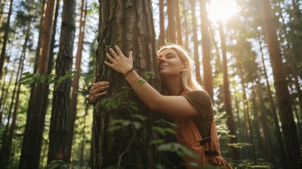 woman hugging a tree in the middle of the forest