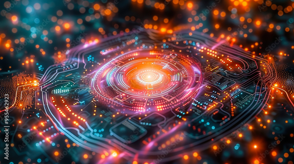 Poster futuristic quantum computer processor with qubit technology and intelligent computing visualized in 