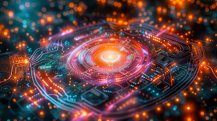Futuristic Quantum Computer Processor with Qubit Technology and Intelligent Computing Visualized in Vibrant Neon Lights, Night Setting