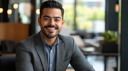 Successful Hispanic male job candidate in a business office, portrayed in a professional stock photo.