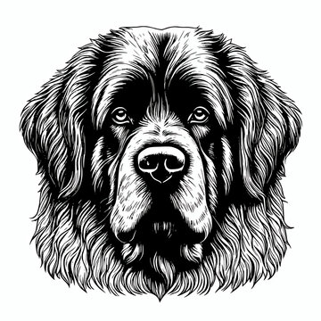 recommend clip art: Newfoundland dog face silhouette illustration on white background, dog portrait graphic design