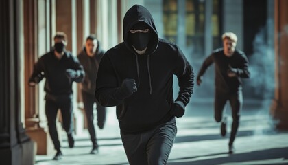 Dramatic scene of a hooded thief and accomplices escaping after a bank heist in progress