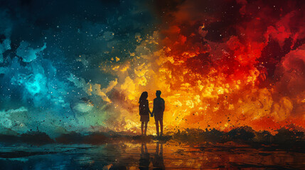 Fototapeta premium Man and Woman Facing Each Other Against Vibrant Colorful Sky in Dramatic Illustration Painting Symbolizing Emotions and Relationships at Twilight
