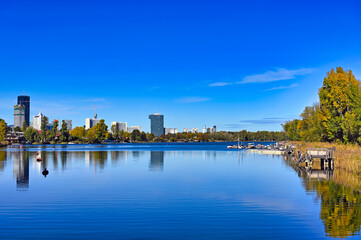 Skyline of Vienna and blue Donau river,landscape sunny autumn day
