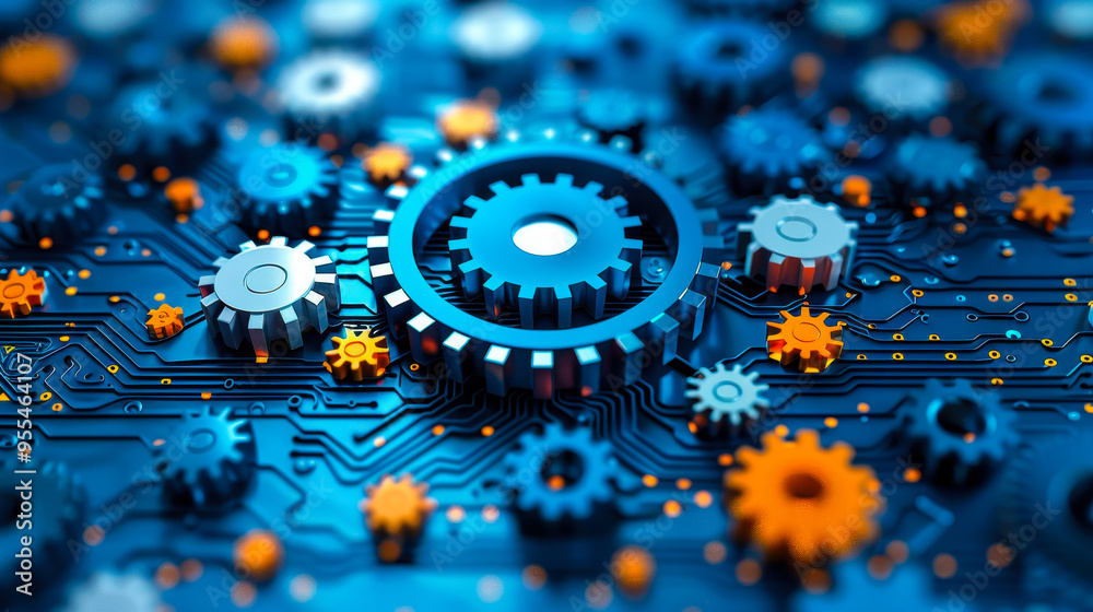 Poster futuristic quality improvement concept with gears and circuit board illustrating software update imp
