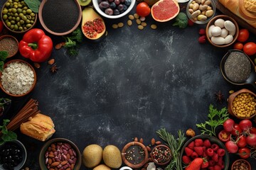 A rich assortment of gourmet food including bread, cheese, tomatoes, peppers, and nuts on a rustic table, evoking a fresh and organic feast.