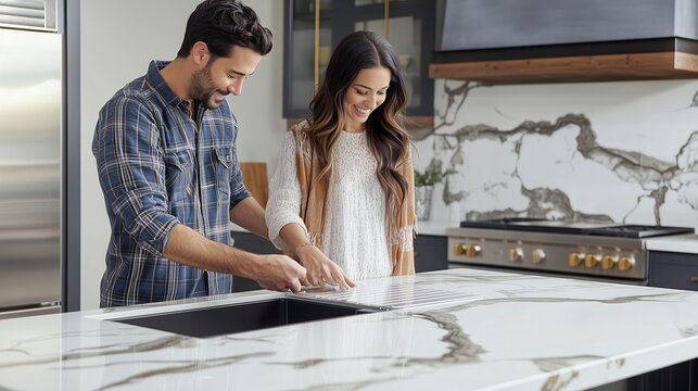 Couple discussing kitchen design options together in a modern home during a sunny afternoon - Powered by Adobe
