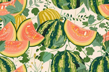A colorful illustration featuring various watermelons and cantaloupes with green leaves, creating a vibrant, fresh pattern.