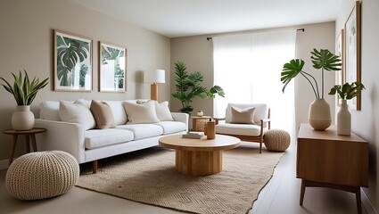 Fototapeta premium Neutral and Organic Living Room with Mid-Century Modern Influences