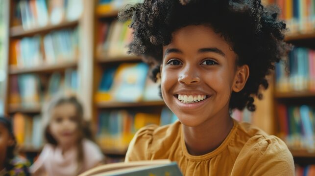 Educator engaging children in a library to enhance reading skills and development, while seeking feedback on enjoyable books from students