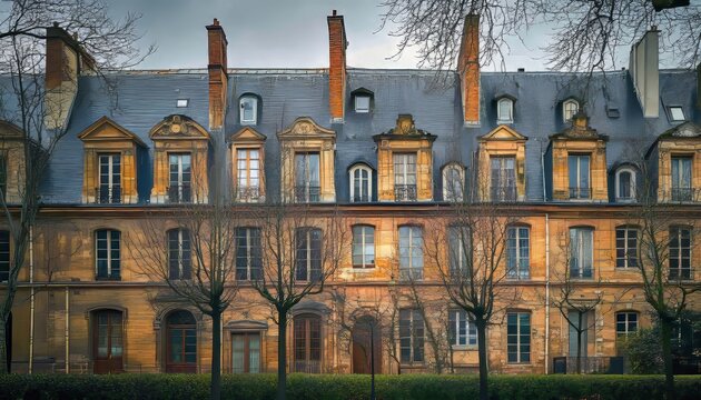 Charming architecture of the historic houses at place des vosges in paris, france - Powered by Adobe