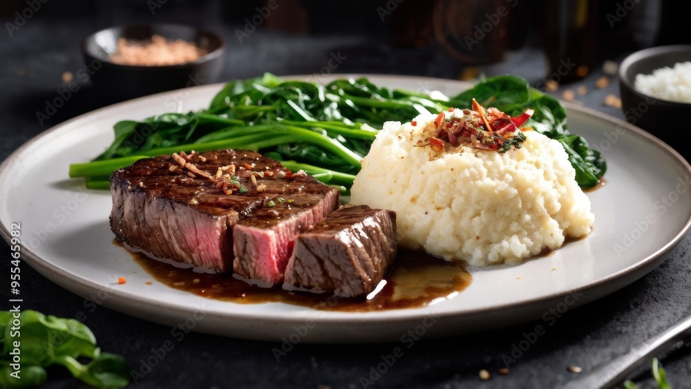 Wall mural An exquisite keto dinner with perfectly cooked steak, cauliflower puree in creamy sauce and stewed spinach.