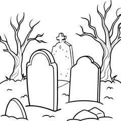 Spooky Graveyard Scene with Crooked Tombstones and Twisted Trees – Vector Coloring Book Design
