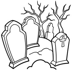 Spooky Graveyard Scene with Crooked Tombstones and Twisted Trees – Vector Coloring Book Design