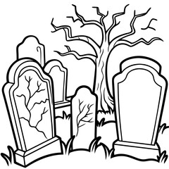 Spooky Graveyard Scene with Crooked Tombstones and Twisted Trees – Vector Coloring Book Design